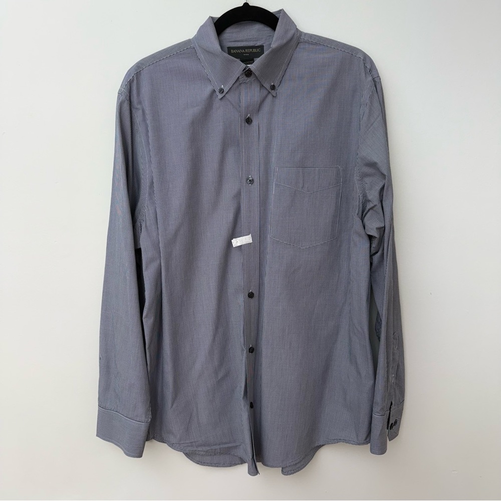 Banana Republic Men Shirt L Blue White Micro Check Button Up Long Sleeve Cotton
